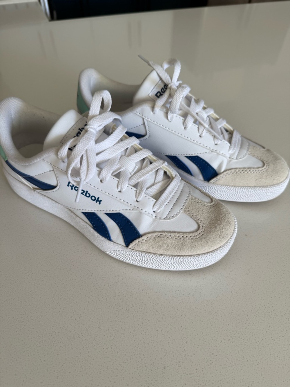 Reebok Kids White Sneakers with Navy Stripes